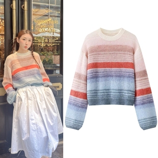 长袖针织衫2026春新款多巴胺彩条灯笼袖马海毛混纺条纹上衣女