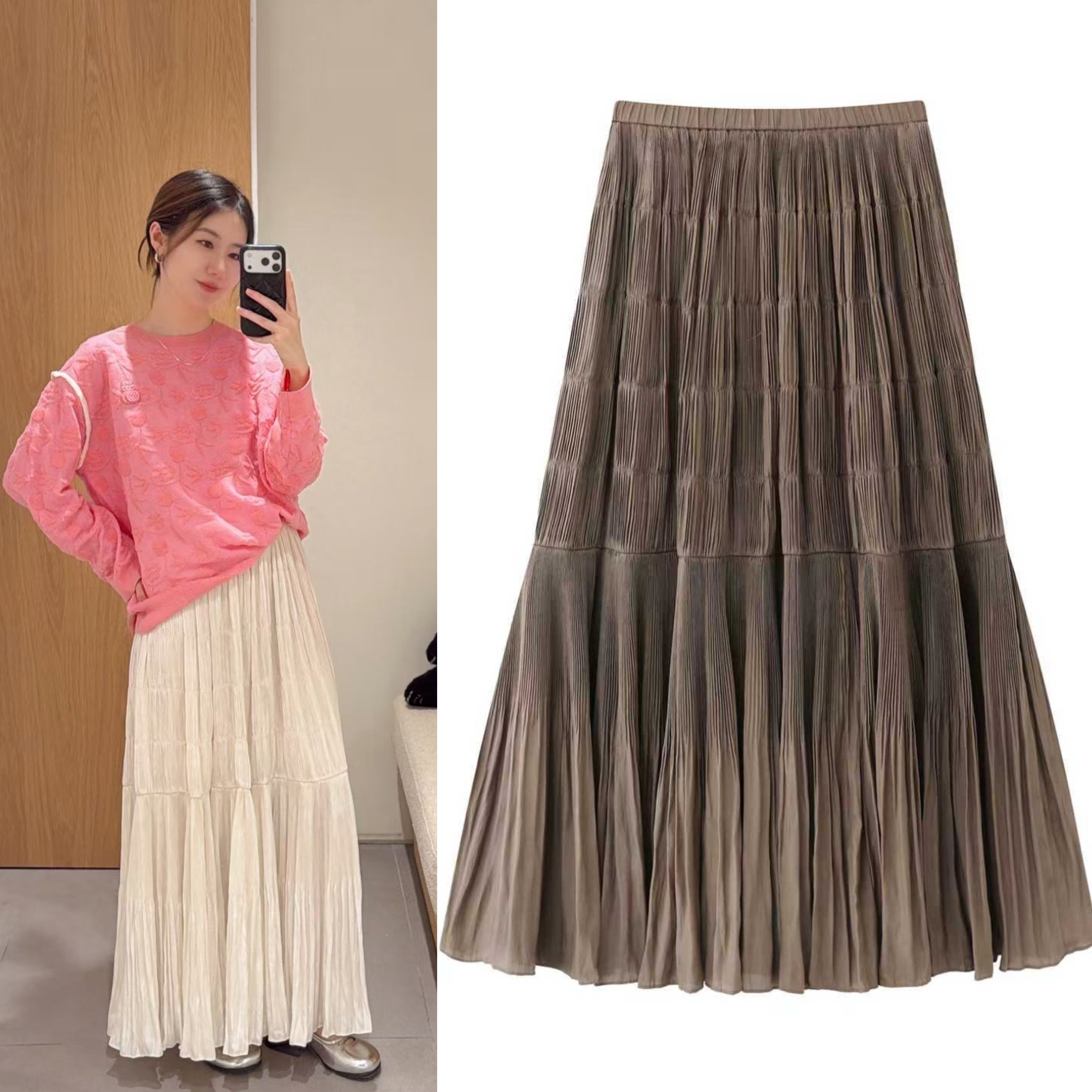 2026春季新品度假海岛风缎压褶半身裙A字大摆纯色高腰松紧腰长裙,女装/女士精品,半身裙,淘宝优惠券,粉丝福利购,淘宝优惠卷