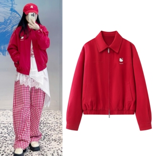 开年新装红色夹克2026春新品复古工装风翻领夹克kitty猫印花外套
