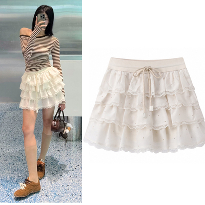 2025夏季新款松紧腰系带米色蓬蓬蛋糕半身裙女少女蕾丝花边A字裙