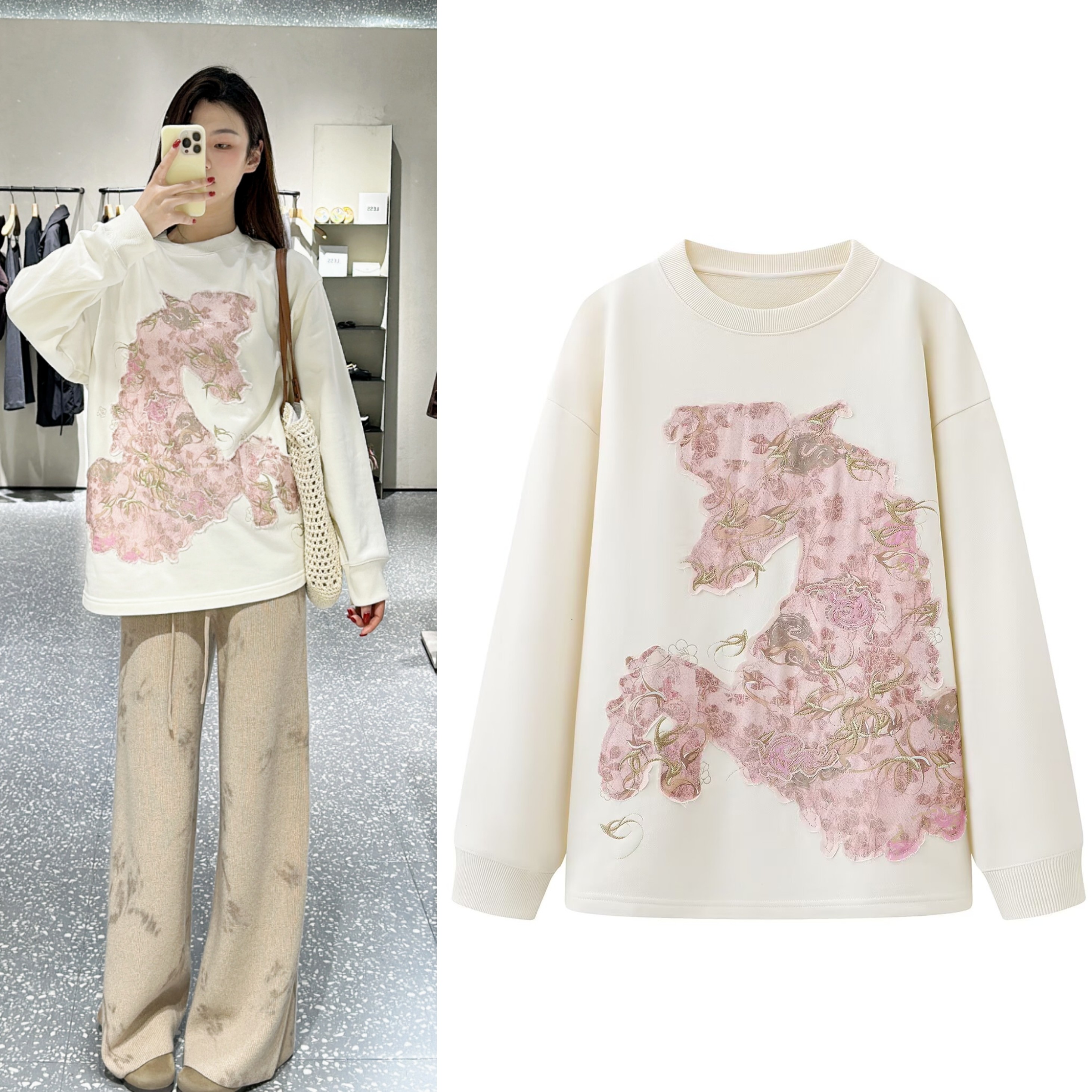 2026早春新款重工刺绣小马图案贴布圆领长袖卫衣女宽松上衣