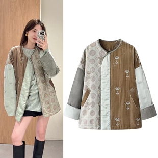 2025冬季新款新中式棉衣国风复古提花刺绣拼接撞色丝绒棉服外套女