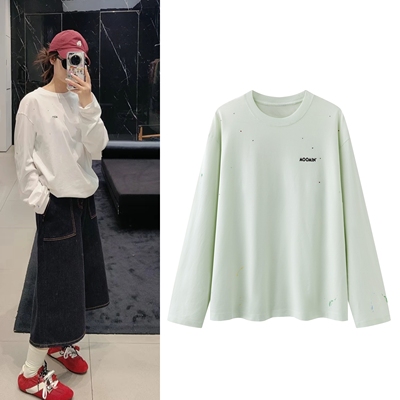 长袖T恤2026夏新品休闲简约卡通后面印花棉质彩钻泼墨宽松