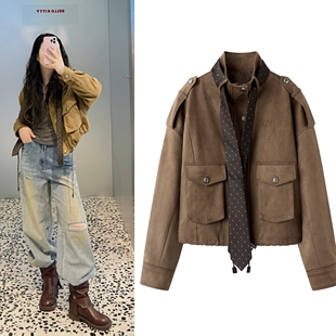 2025冬季新品复古麂皮绒工装风立体口袋波点领带夹克棉服短外套女