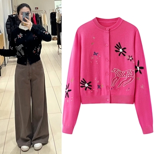 沈月同款小马提花针织开衫女2026春新复古温柔钩花圆领