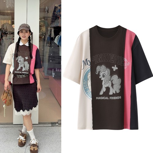 刘浩存同款小马印花T恤2026夏新款复古少女感休闲宽松拼布上衣女