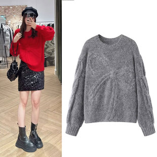 新年红秦岚同款2025春新品马海毛立体麻花蝴蝶结圆领套头宽松毛衣