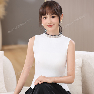 白色针织纯棉假领子百搭新款小立领春秋修身无袖内搭背心打底衫女