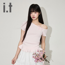 it:CHOCOOLATE浅粉色甜美纯欲风露肩T恤女夏季新款韩系蝴蝶结上衣