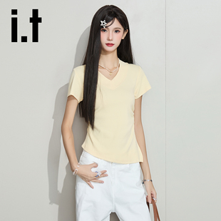 CHOCOOLATE 韩系V领黄色正肩T恤女收腰显瘦设计感辣妹ins上衣