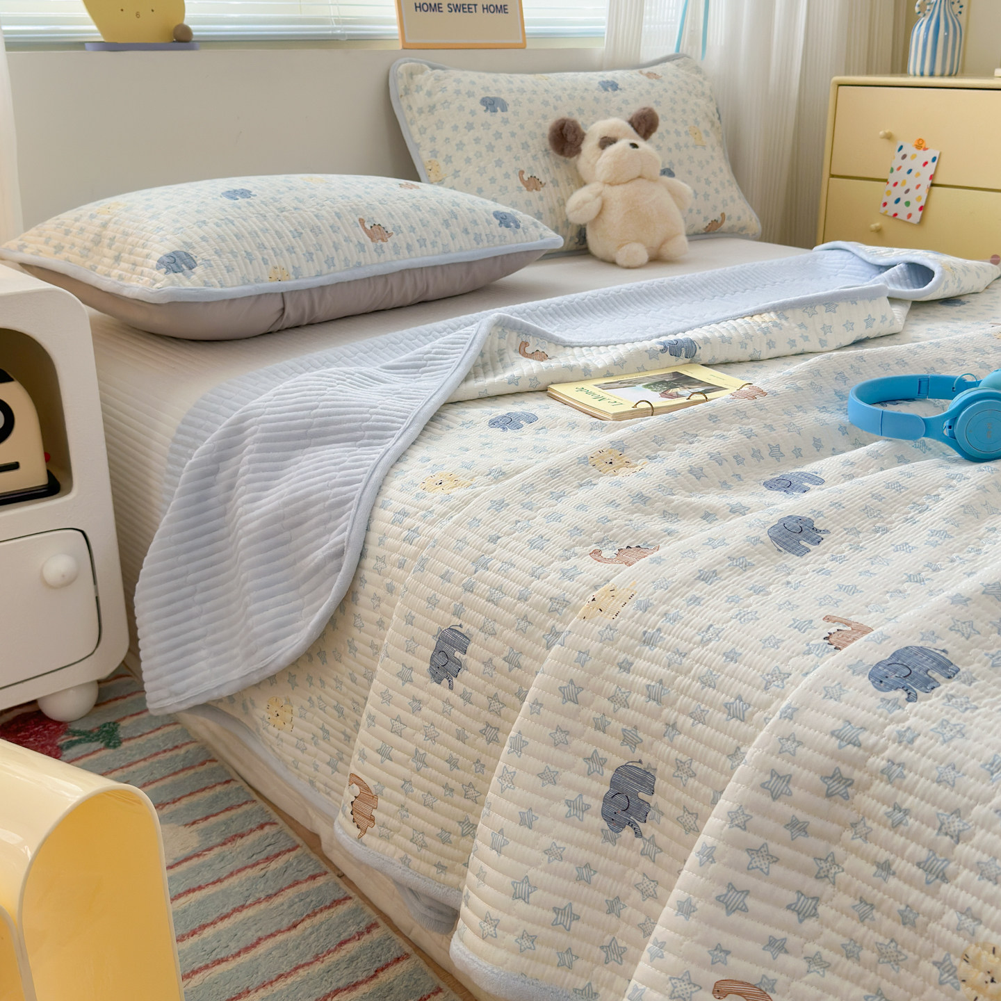 韩式小清新AB面棉加绒两用床盖一面全棉一面牛奶绒绗缝加厚床单