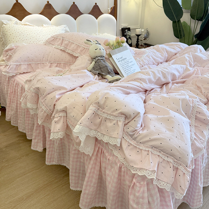 少女心双层花边全棉床上四件套床裙款韩式波点风纯棉被套床单女生