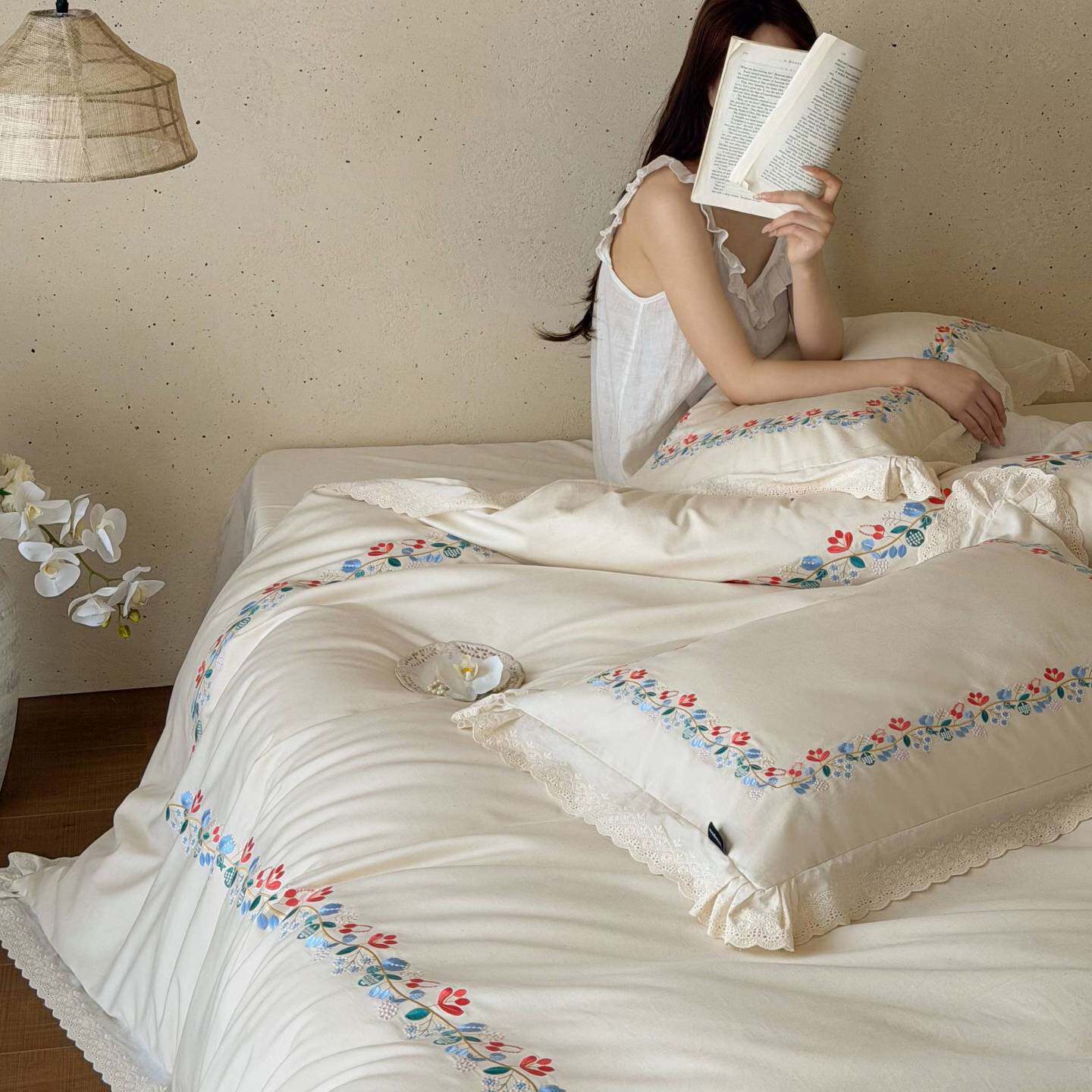 韩式小清新刺绣棉麻床上四件套花边款全棉纯棉被套床单卧室床品