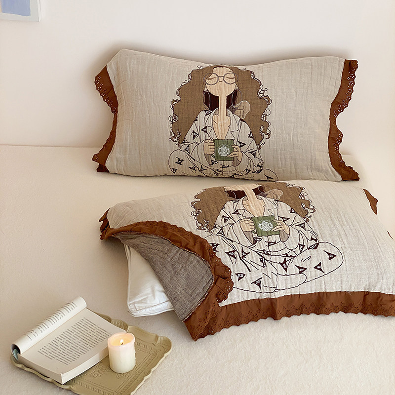 纯棉花边款四层纱布枕巾一对装可爱少女心纯棉成人单人枕头盖巾