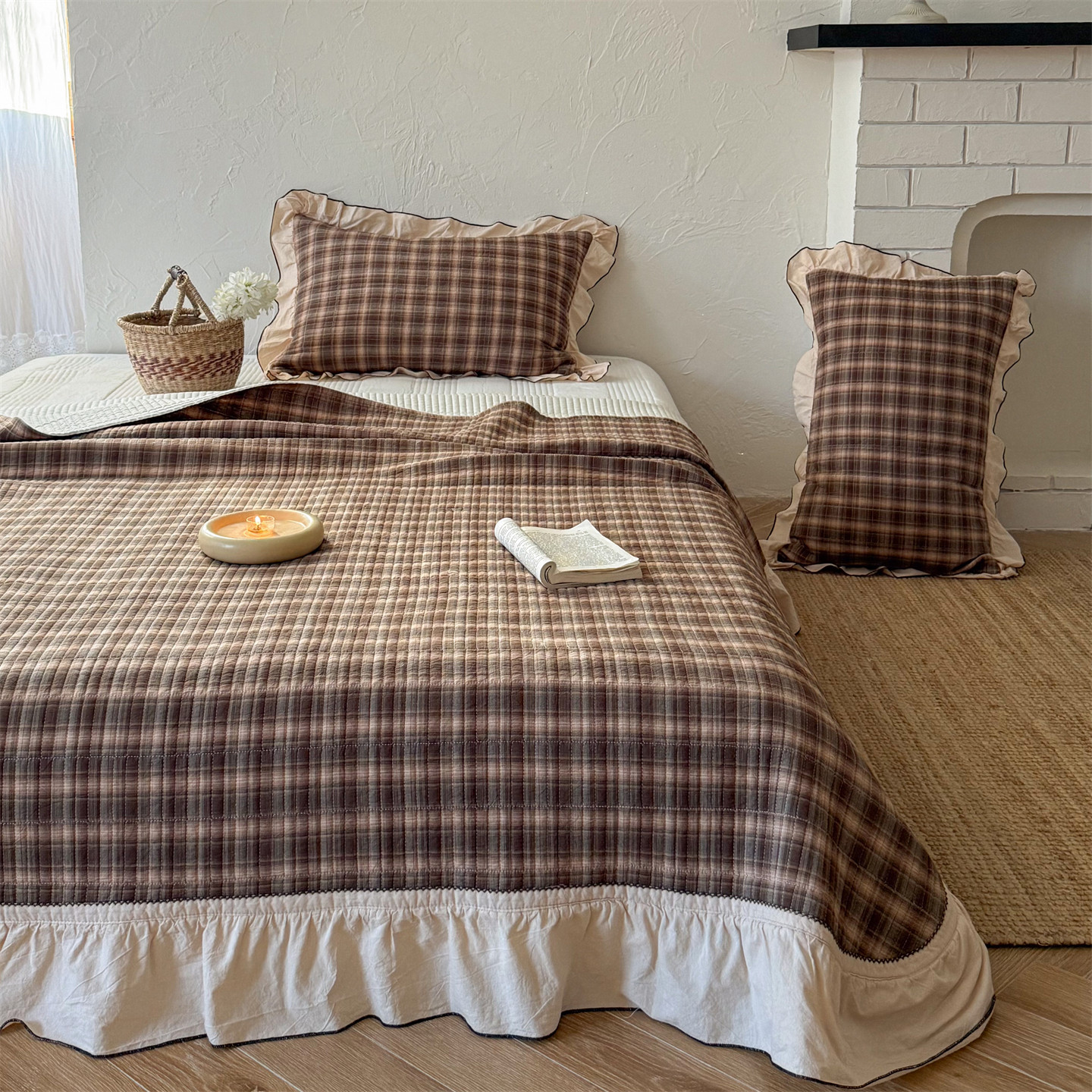 复古格子全棉色织水洗棉床盖法式花边款夹棉加厚放缓纯棉床单床罩,床上用品,床盖,淘宝优惠券,粉丝福利购,淘宝优惠卷