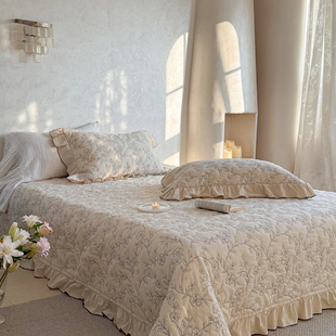 法式复古棉麻床盖三件套同款被套四件套花边全棉纯棉加厚防滑床单