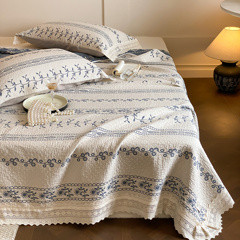 法式老钱风全棉四层纱布床盖三件套韩式纯棉加厚防滑花边床单被单
