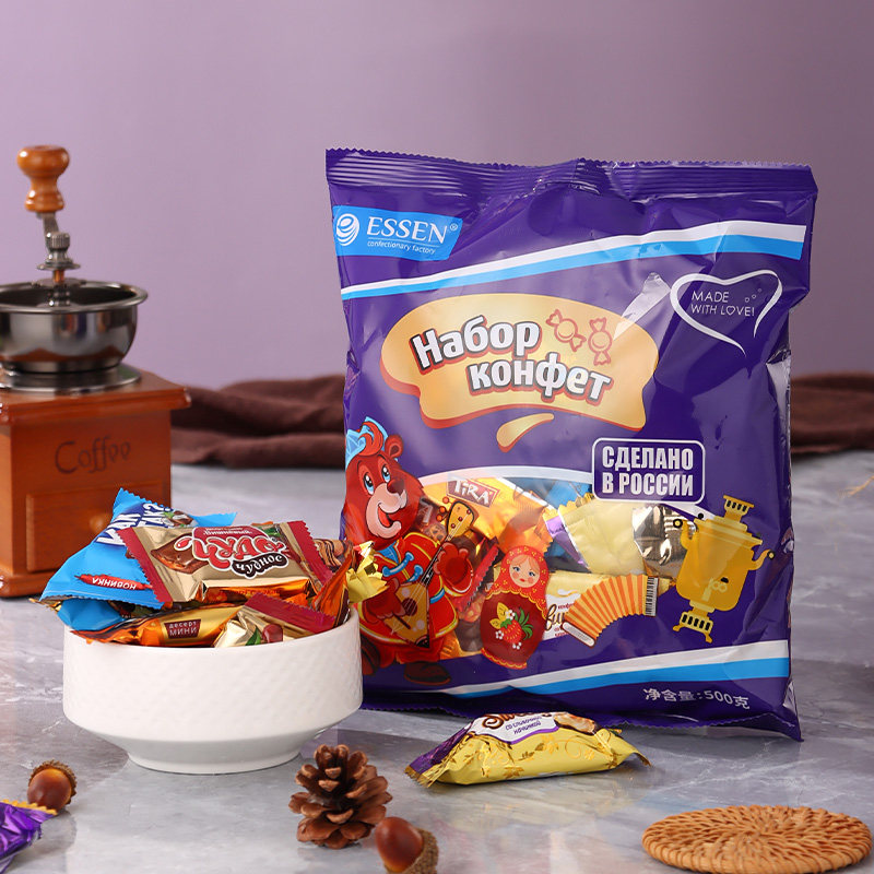 俄罗斯原装进口贵族牌混合巧克力味夹心糖果紫袋500g/袋