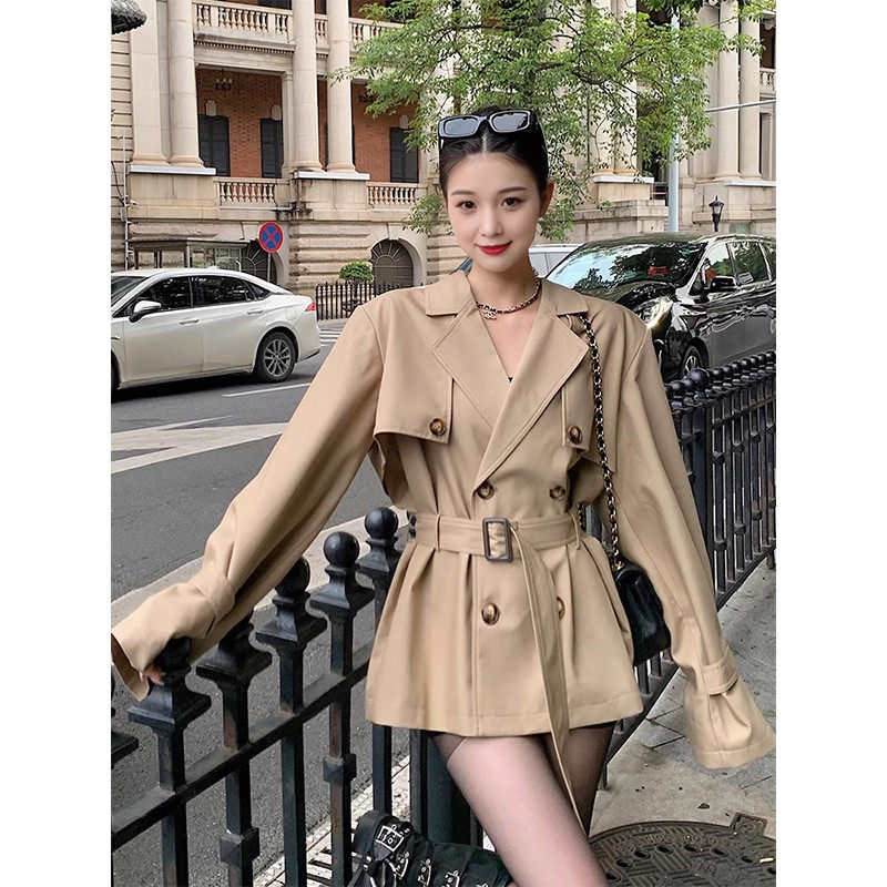 卡其色短版风衣女小个子2