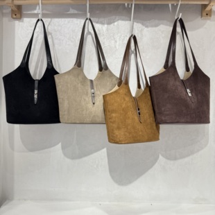 欧比 秋冬款港风复古简约锁扣大容量麂皮绒上班通勤托特子母包包