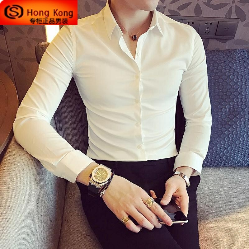 白色衬衫男长袖男春秋季免烫休闲纯棉修身商务设计高级感男士衬衣