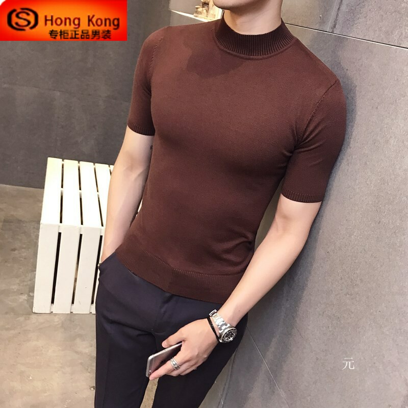 HALF-HIGH NECK MENS SHORT SLEEVE SPRING AUTUMN AND SUMMER 2024 NEW BASE SKINNY HIGH-END MID-NECK THIN T-SHIRT KNITWEAR