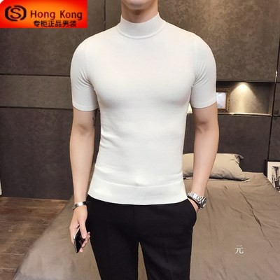 HALF-HIGH NECK MENS SHORT SLEEVE SPRING AUTUMN AND SUMMER 2024 NEW BASE SKINNY HIGH-END MID-NECK THIN T-SHIRT KNITWEAR