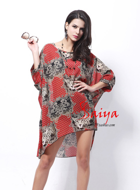 新 欧美 印花豹头连衣裙 简约沙滩裙 度假短裙 披纱裙防嗮裙