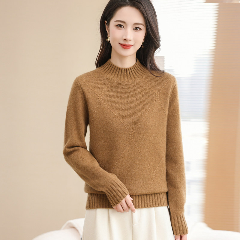羊毛衫女100羊驼绒秋冬新款半高领中年妈妈装针织大码毛衣打底衫