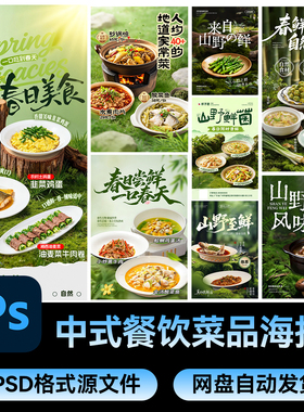 66春日美食中式餐饮绿色系炒菜宣传竖版海报PSD设计源文件素材