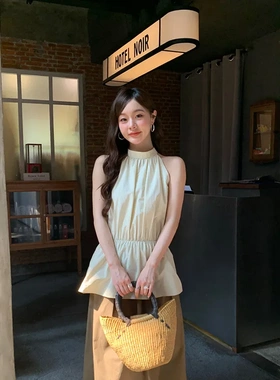 2026年夏季法式简约气质收腰立领衬衫无袖挂脖上衣坎肩女S5165
