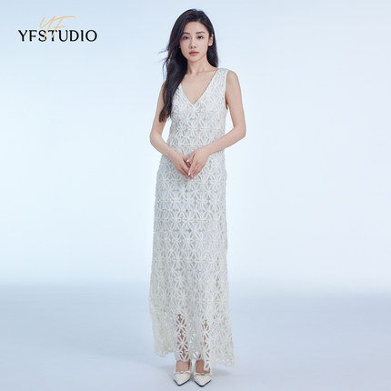 YF 法式设计感蕾丝V领镂空连衣裙2024夏季新款气质显瘦无袖长裙