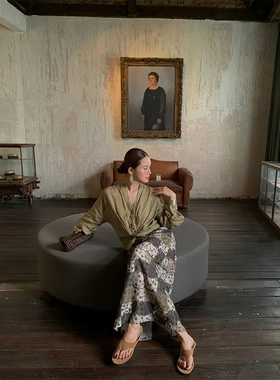 新中式复古做旧气质格纹A字裙26夏季松弛感慵懒长款半身裙女C8589