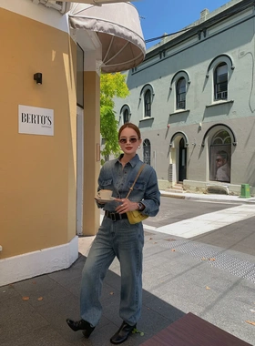 26早春复古港风裤装长袖两件套显瘦时尚洗水牛仔衬衫套装女C8719