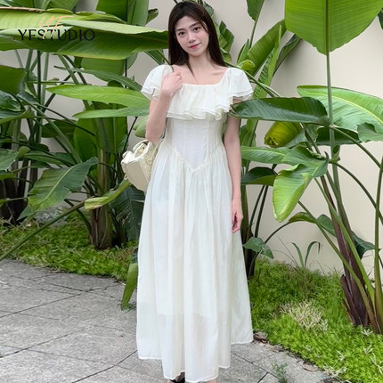 YF 法式茶歇甜美荷叶边连衣裙女夏季气质纯欲U领仙女长裙子