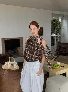 26夏复古格纹飘带设计感吊带小衫挂脖式坎肩无袖背心上衣女C8787