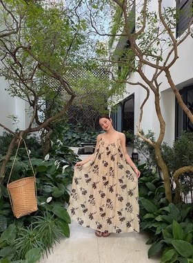 26夏新中式风复古天丝亚麻吊带裙印花宽松无袖聚会连衣裙C8383