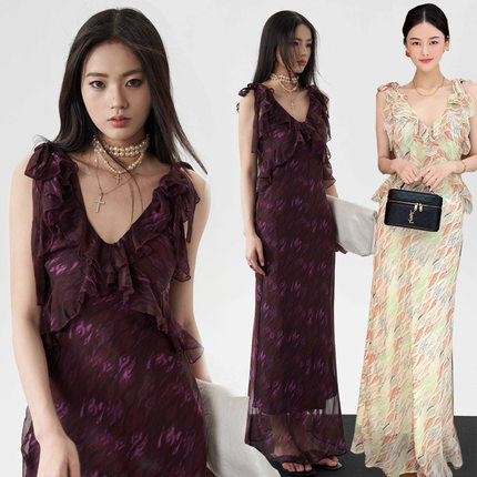 春夏无袖吊带裙原创设计小碎花连衣裙荷叶边雪纺长裙