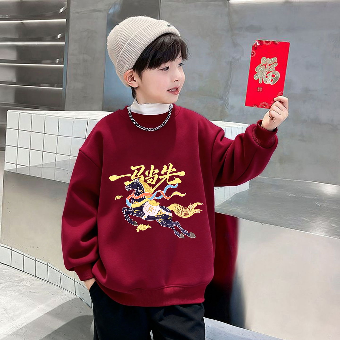 中大童亲子装新年衣加绒卫衣上衣