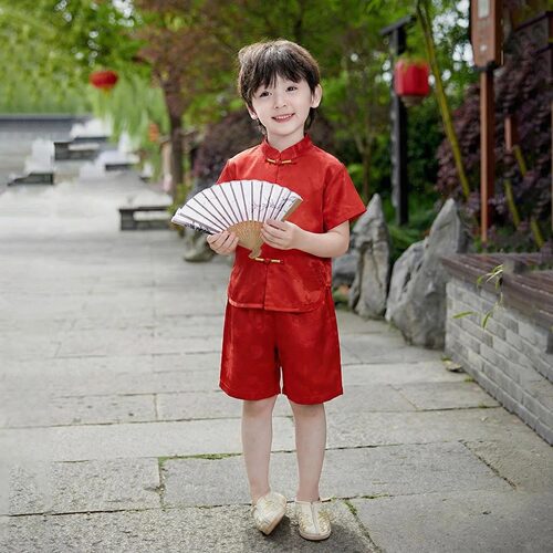 少爷汉服夏款短袖中裤套装唐装演出服表演服中国风红色周岁服