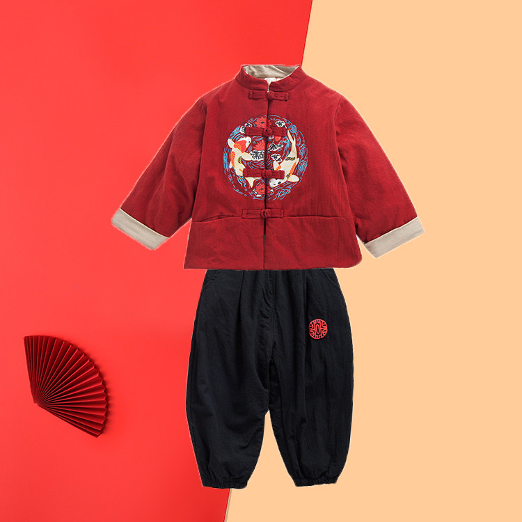 21清仓过新中式唐装少爷冬装男宝夹棉加厚日常演出服两件套拜年