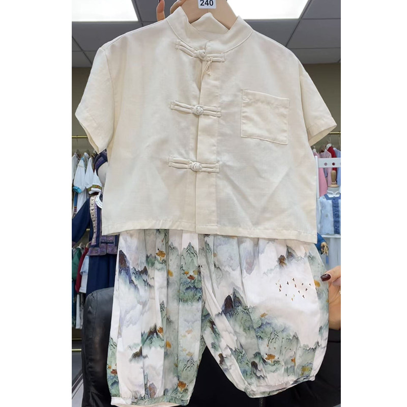 清仓特价六一儿童节表演服唐装棉麻汉服男童短袖夏装国风中式童装