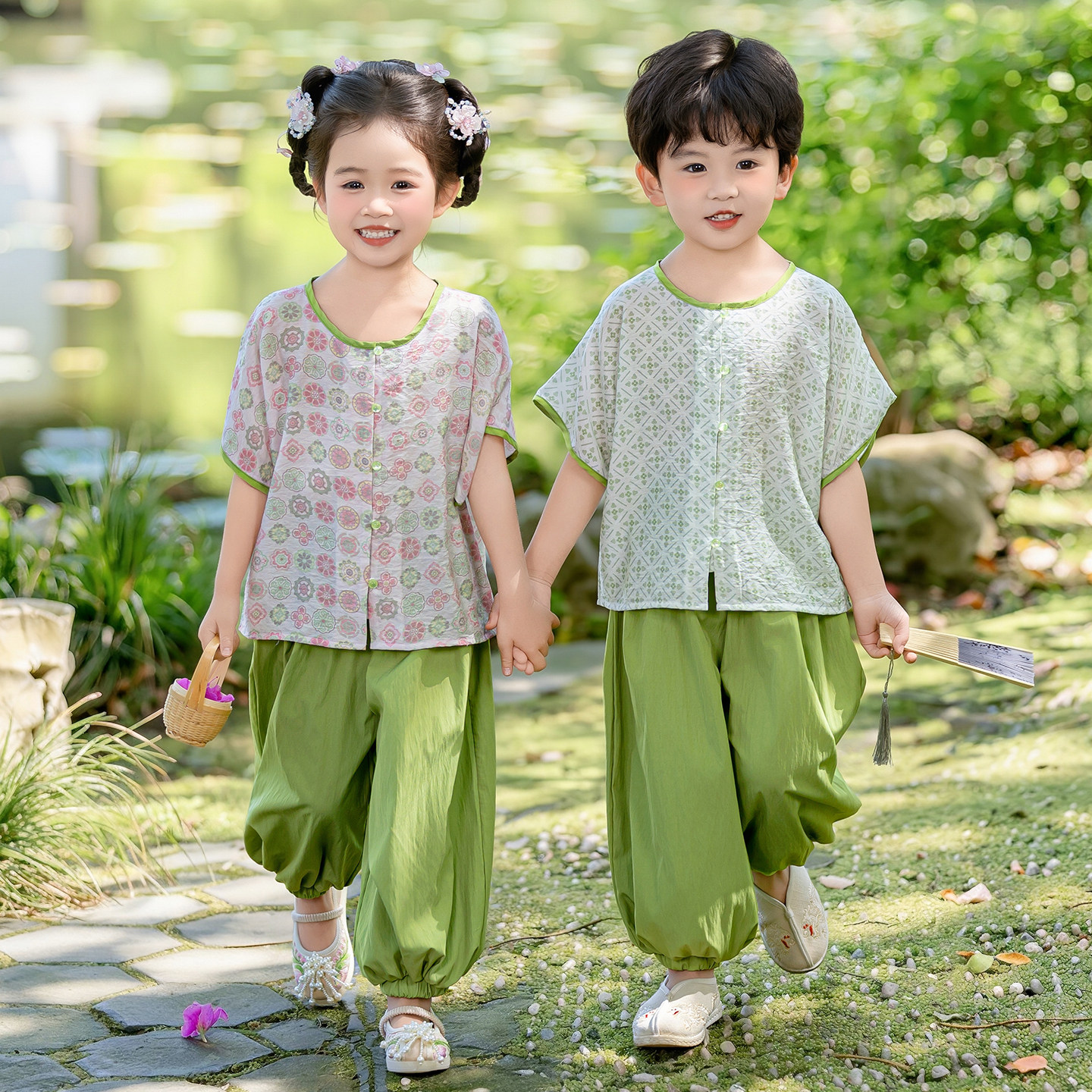 亲子汉服儿童日常男童圆领唐风褙子轻薄古风套装女童夏装复古国风