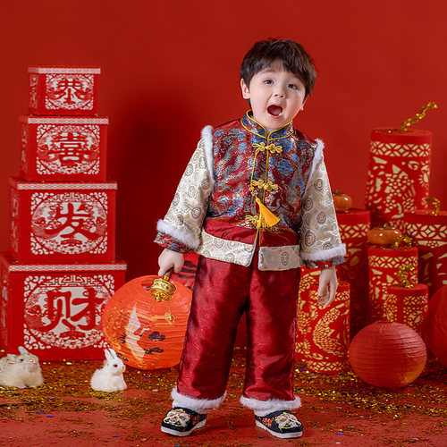 43儿童唐装2026新年拜年服加厚汉服中国风周岁服分体抓周服套装