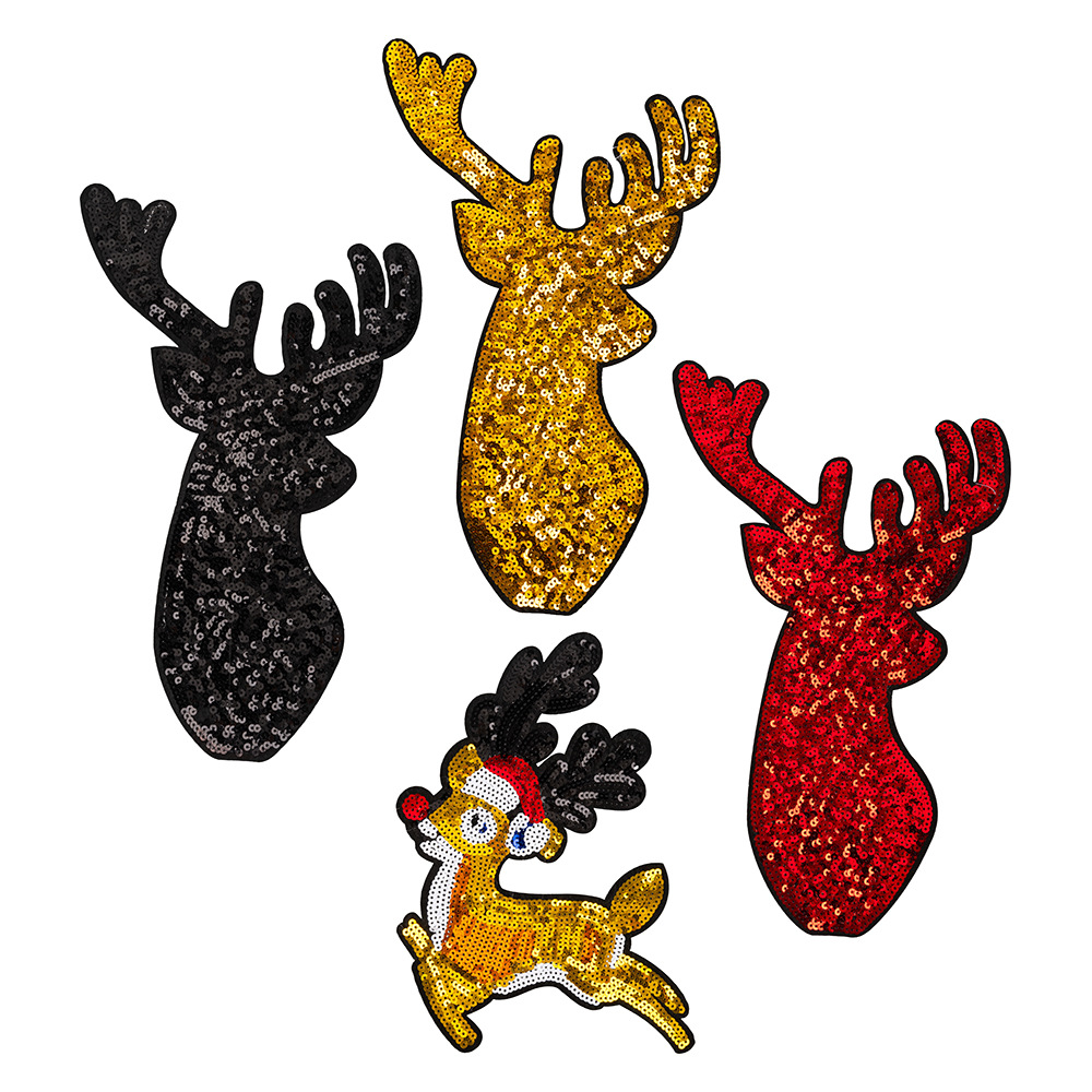 大尺寸亮片鹿角圣诞麋鹿卡通驯鹿电脑绣花刺绣布贴衣服装饰背胶