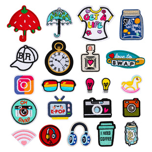 潮流卡通物品图标雨伞相机耳机电脑绣花刺绣布贴衣服热烫背胶布贴
