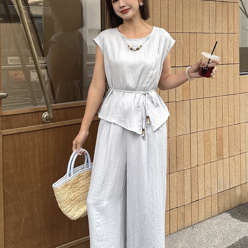实体同款2025夏季新款时尚套装女韩版宽松阔腿裤+无袖上衣两件套