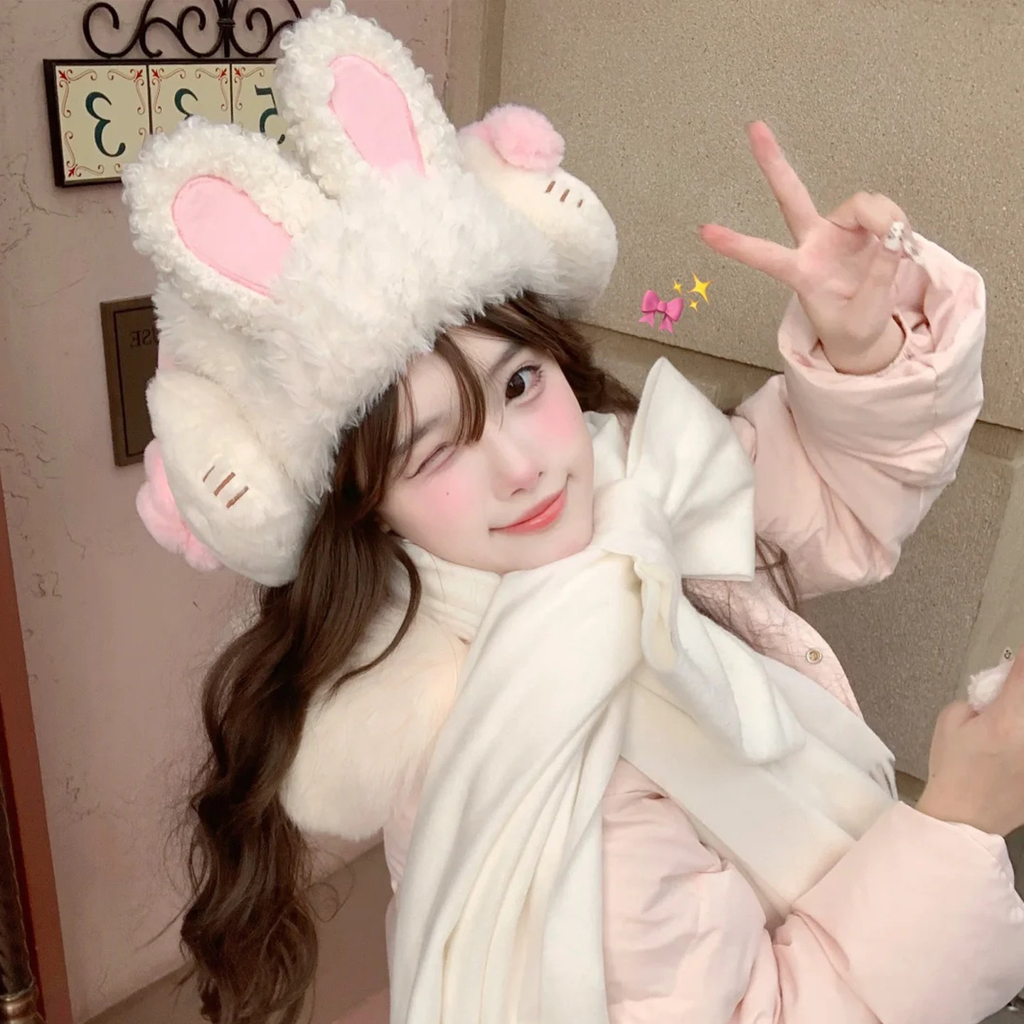 甜美可爱毛绒兔耳朵帽子女生秋冬帽子