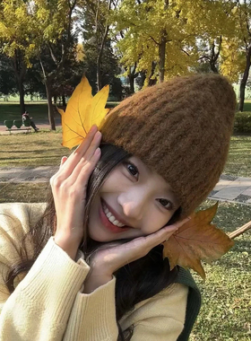 小众设计韩系复古针织毛线帽女秋冬保暖护耳套头帽冷帽百搭包头帽