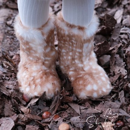 2025秋冬新款可爱长毛绒系保暖女中童中筒靴小鹿雪地靴豹纹棉靴